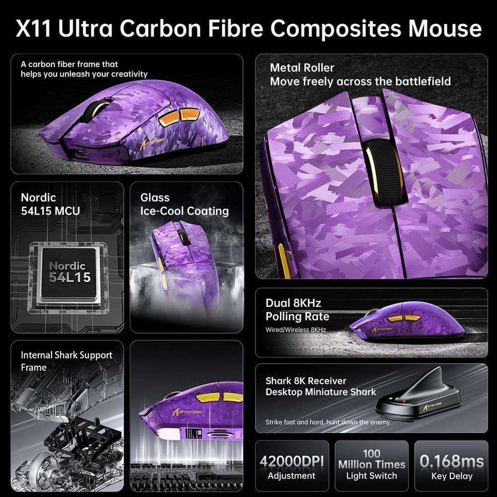 ATTACK SHARK X11 Ultra Wireless Gaming Mouse - Purple for Ultimate ATTACK SHARK X11 Ultra Wireless Gaming Mouse - Purple for Ultimate
